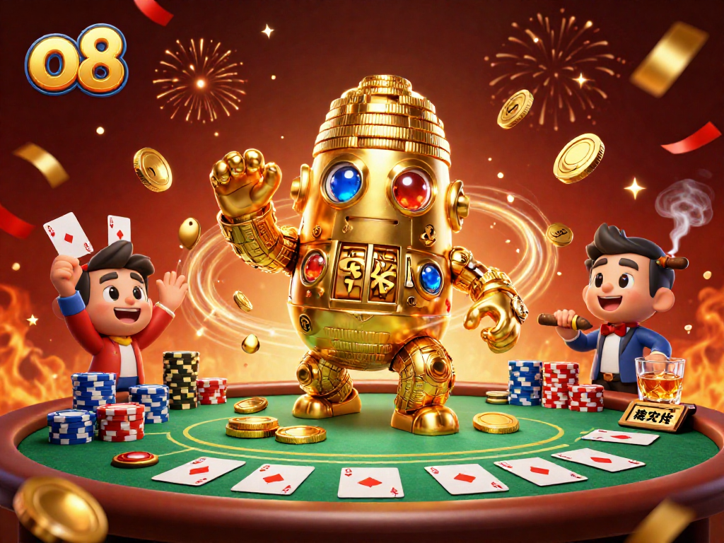 Engage with vibrant 3D casino elements as o8 presents a gold coin golem amidst poker action.