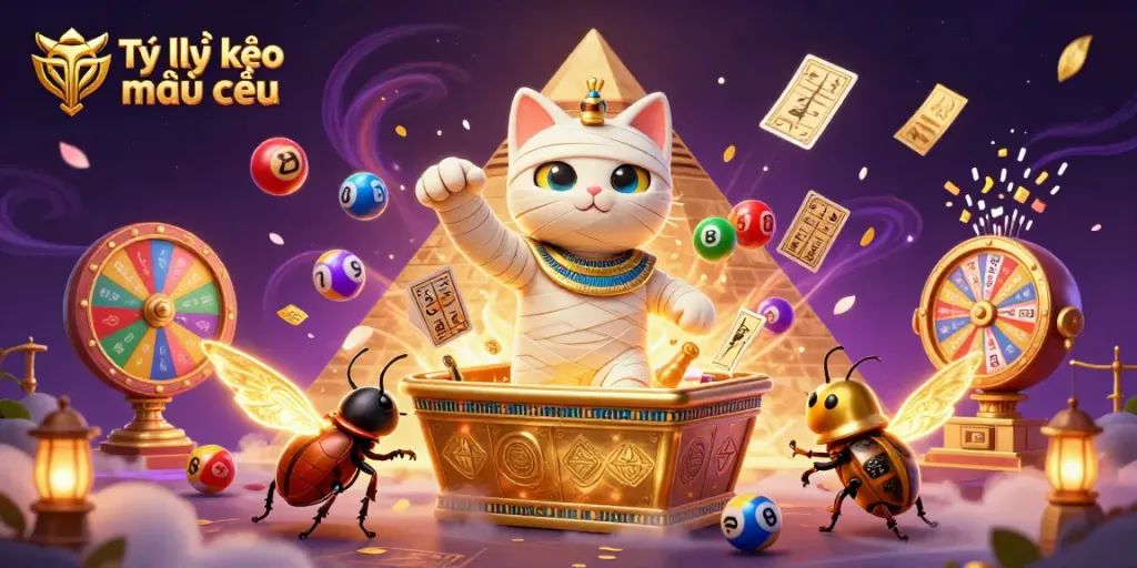 Engage with the vibrant Tỷ lệ kèo nhà cái scene featuring an Egyptian mummy cat in a dynamic casino.