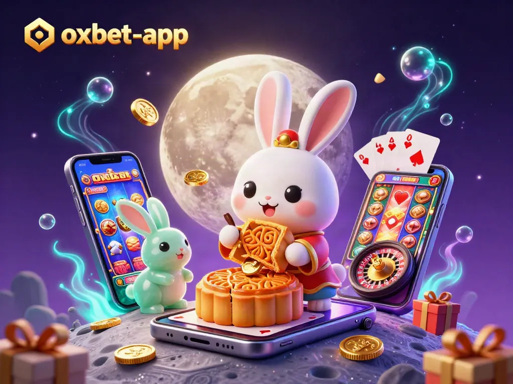 Spin with excitement on oxbet-app as the moon rabbit reveals poker chips amidst casino festivities.