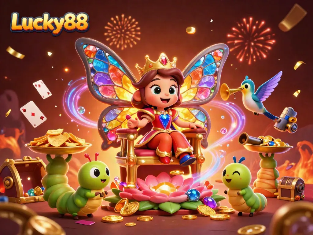 Experience the magic of Lucky88 with vibrant characters and dynamic casino elements celebrating in a rich, colorful scene.