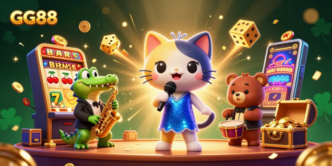 Experience the thrill of GG88 with colorful slot machines and lively characters in a vibrant casino scene.