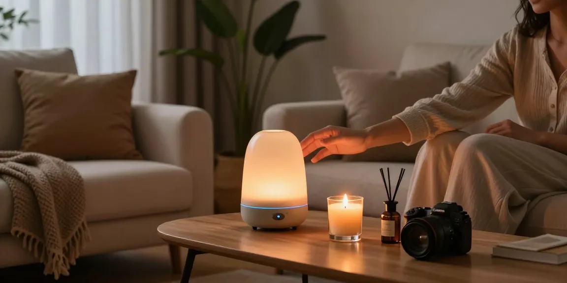 Scented Candles and Diffusers creating a cozy atmosphere in a stylish living room with warm candlelight.