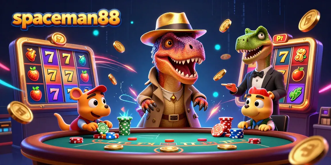 Experience thrilling gameplay at spaceman88 with a cartoon velociraptor card counter amidst slot game excitement.