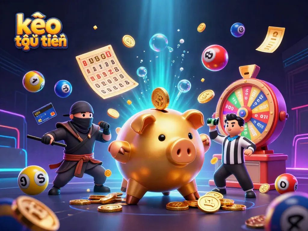 Engage with kèo trực tuyến as a golden piggy bank wrestler stomps coins, surrounded by exciting gaming elements.