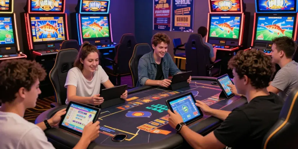 Engaging scene of players enjoying online games at http://gem88-mobile.com in a vibrant digital casino.
