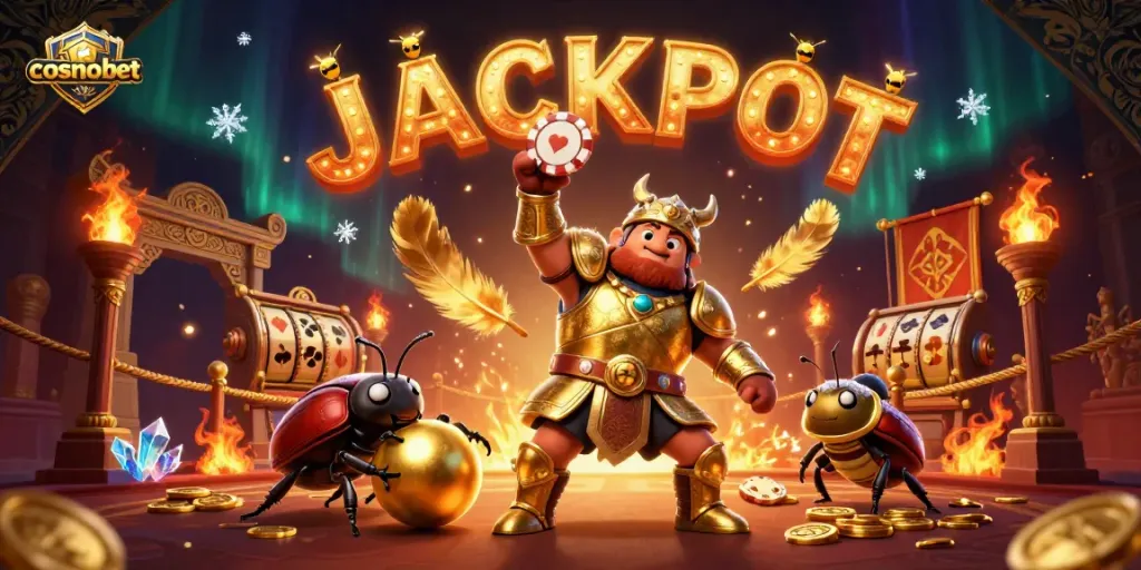 cosmobet reveals a 3D hercules beetle celebrating a jackpot with golden elements and energetic dynamic scene