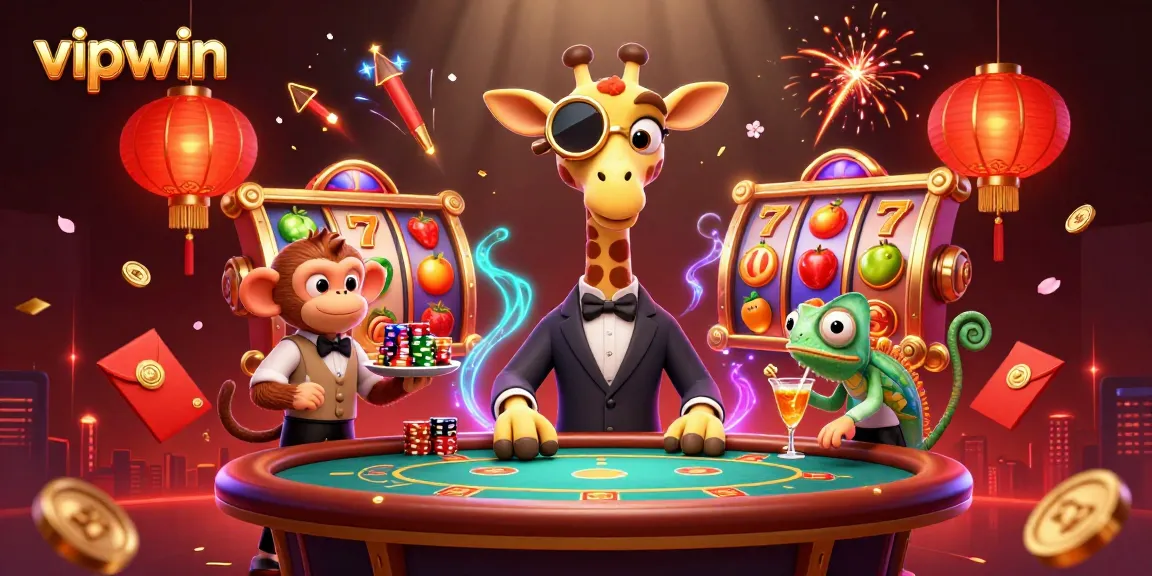 Experience thrilling gaming at vipwin with a vibrant scene featuring a high-roller giraffe, monkey valet, and chameleon bartender amidst exciting slot elements.