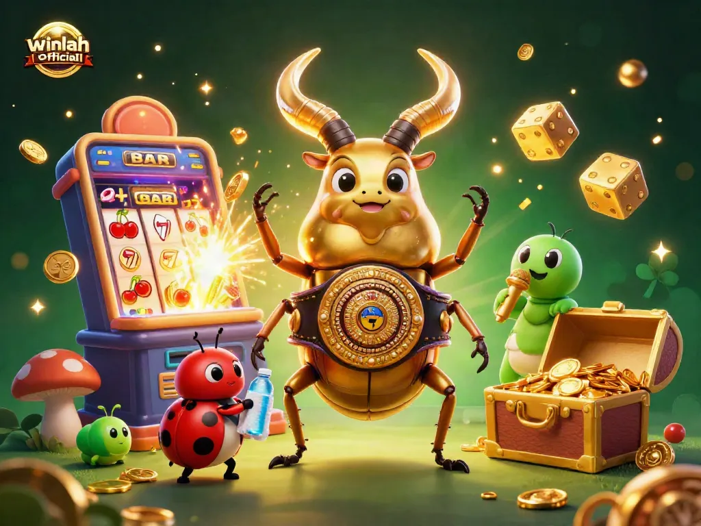 Winlah-official showcases a vibrant casino scene with dynamic slot machines and engaging characters.