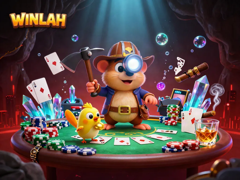 WINLAH game scene featuring a treasure hunter mole and poker elements in a glowing cave.