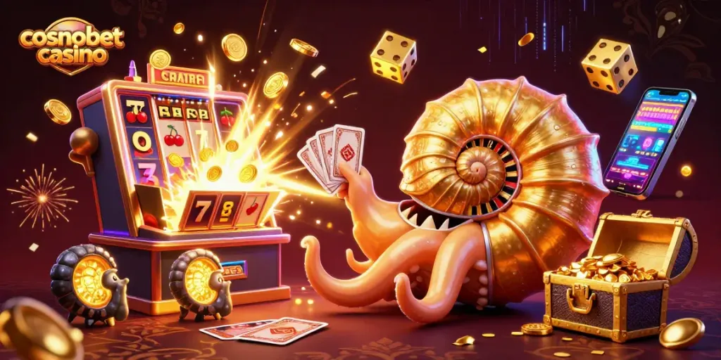 Experience thrilling wins at cosmobet casino with a dynamic 3D illustration of games and excitement.