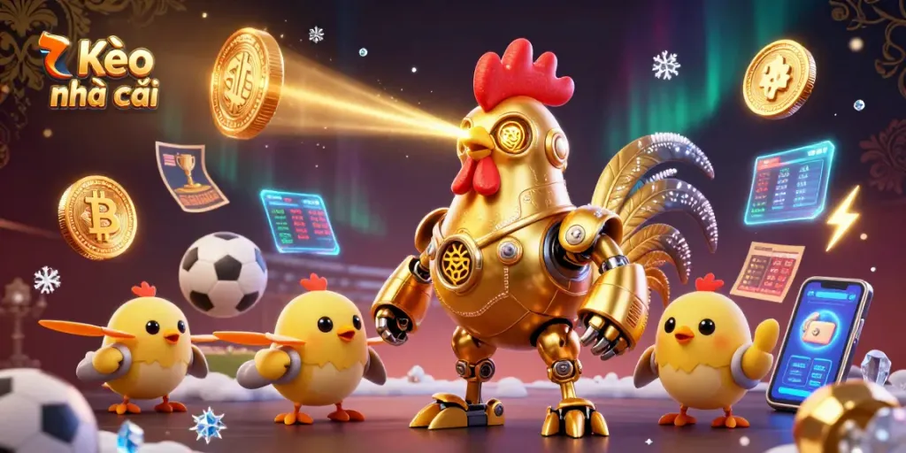 Kèo nhà cái sports betting illustration showcasing a golden rooster robot and gaming elements.