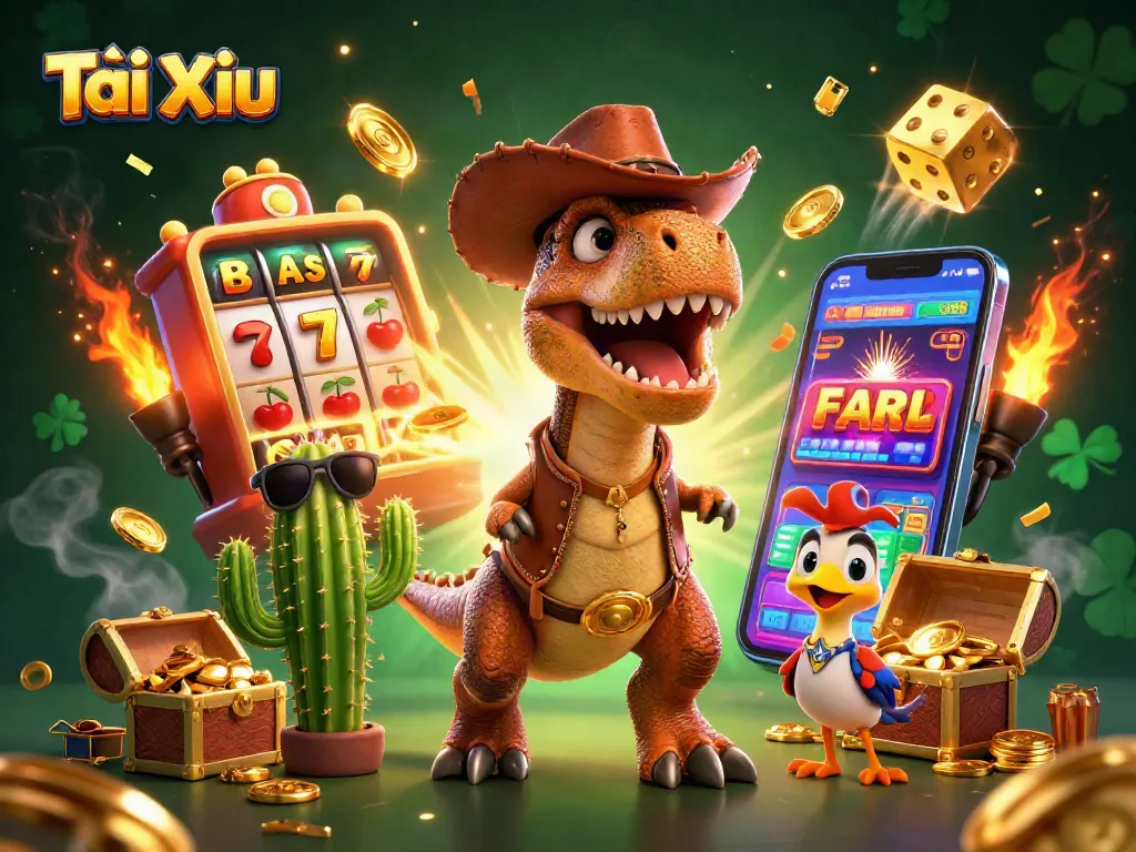 Engage in Tài Xỉu gaming with animated characters, slot machines, and vibrant casino elements.