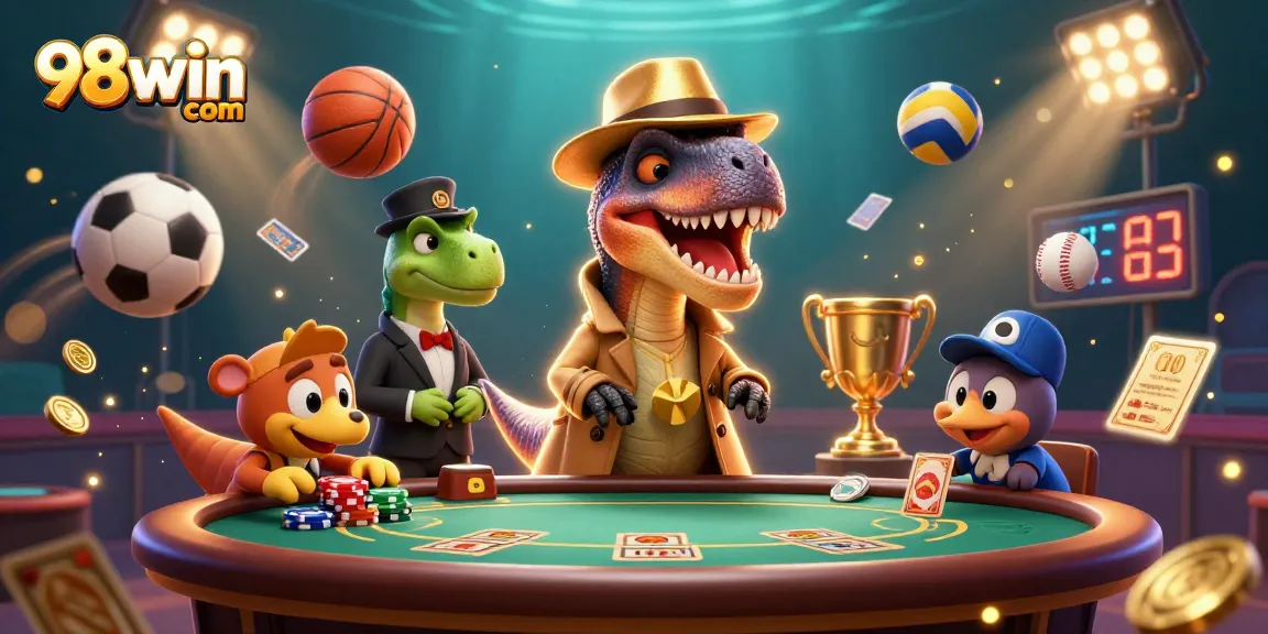 Betting big on 98win com with a velociraptor card counter, trophy, and sports action.