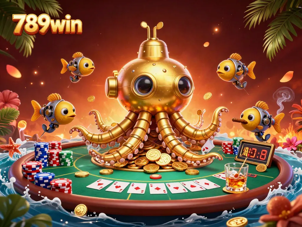 Experience thrilling bets at 789win with a 3D underwater casino adventure featuring a kraken and poker table.