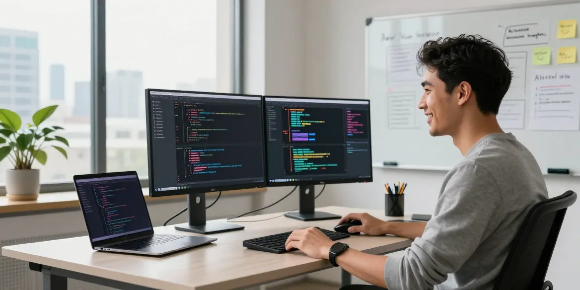 Software engineer developing an AI chatbot in a modern office filled with natural light.