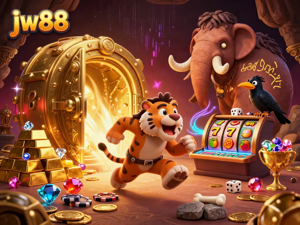 Experience the thrill of jw88 with caveman and tiger at a prehistoric casino, showcasing vibrant slot reels.