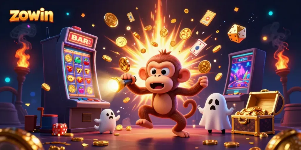 Zowin evokes excitement with a 3D poltergeist monkey and ghost-hunter puppy in a dynamic casino scene.