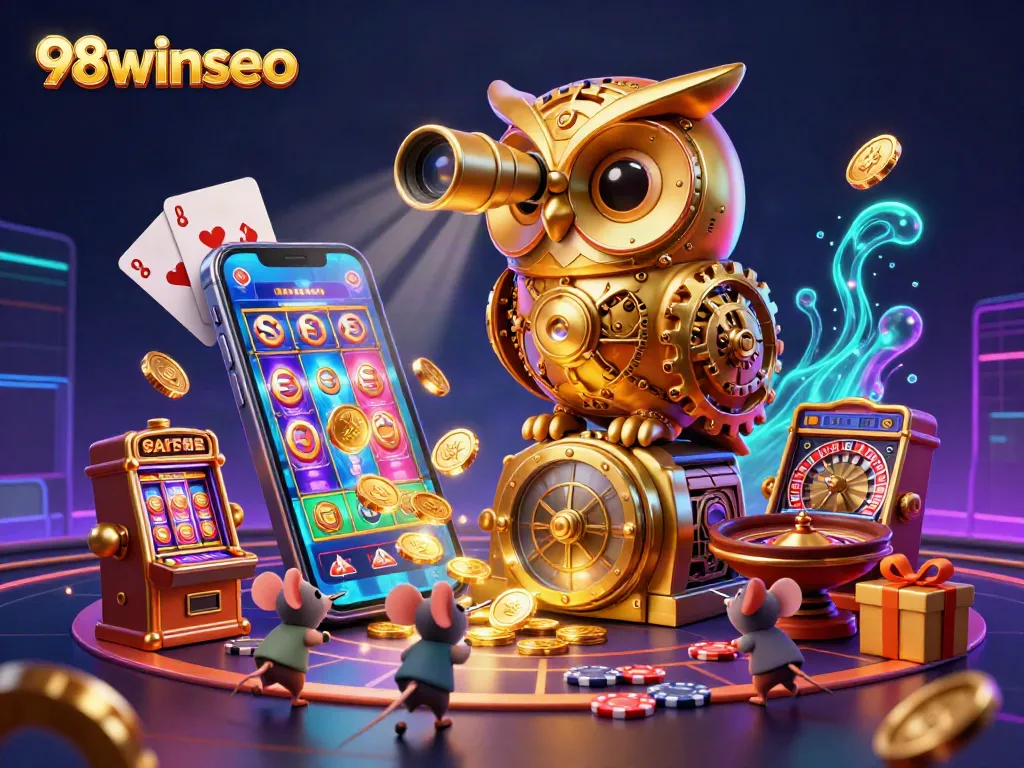 Win big at 98winseo with a vibrant casino scene featuring a golden owl and animated slots.