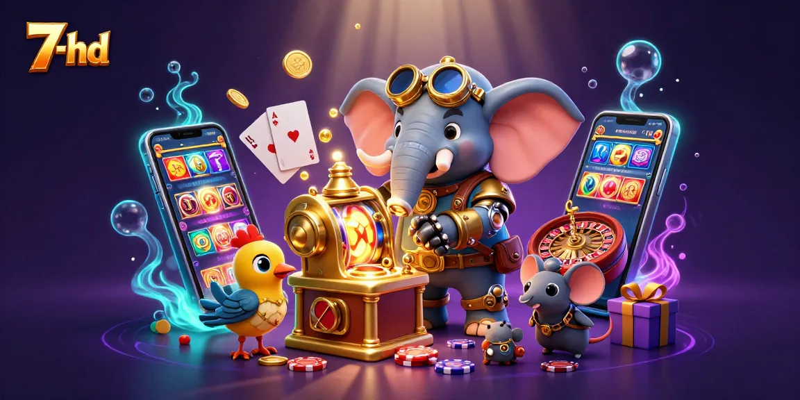 Engage with the exciting gameplay at 7-hd featuring a steampunk elephant operating vibrant slot machines.