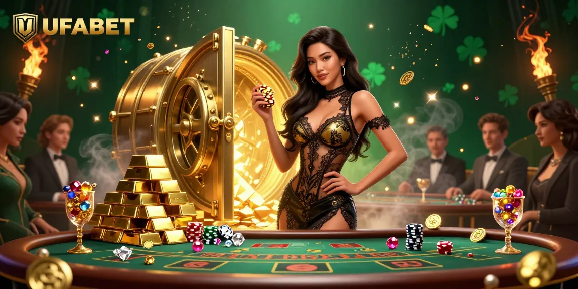 Engage with UFABET's glamorous baccarat experience featuring an elegant Asian dealer at a high-stakes table with golden chips.