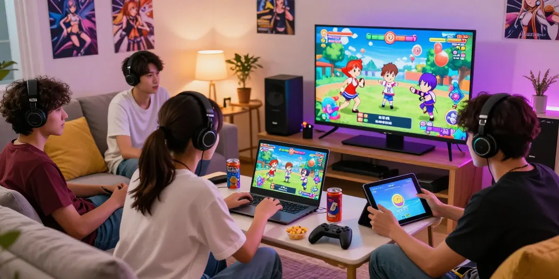 Players enjoying ecchi game online in a vibrant living room, immersed in colorful visuals and engaging interactions.