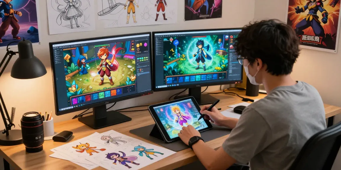 Artwork depicting a digital artist creating transformation hentai games, showcasing vibrant character designs and magical themes.