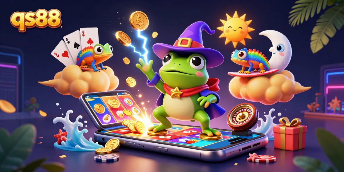 Engage in thrilling gaming at qs88, where a wizard frog conjures a storm of coins amidst vibrant casino elements.