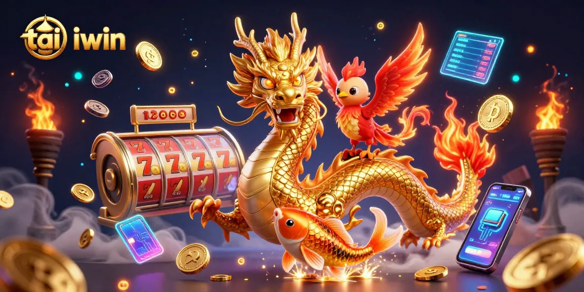 Spin the reels of tai iwin with a dynamic scene showcasing a golden dragon, phoenix, and koi, surrounded by casino elements.