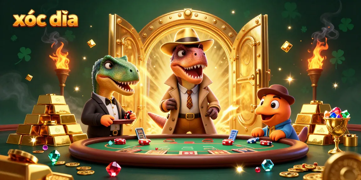 Experience exciting xóc đĩa gaming with colorful 3D cartoon dinosaurs at a vibrant casino table.