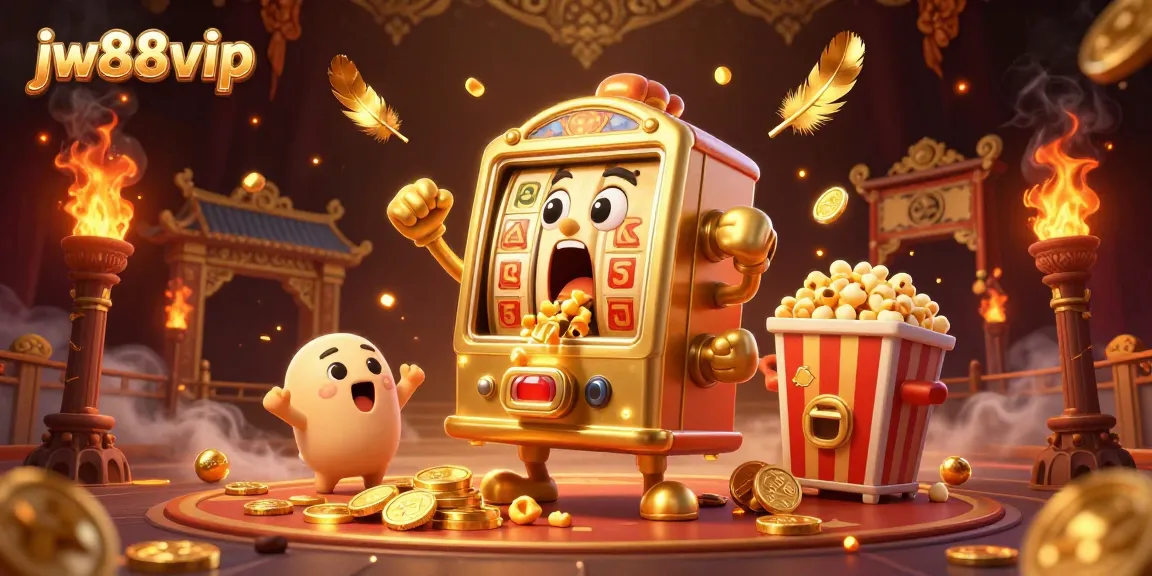Witness jw88vip's golden slot machine hitting a jackpot while coins cascade, surrounded by cheering sidekicks!