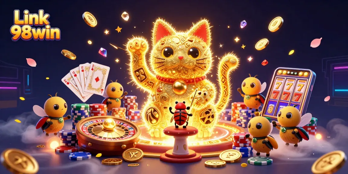 Join the excitement at Link 98win, where golden fireflies create a vibrant casino atmosphere.