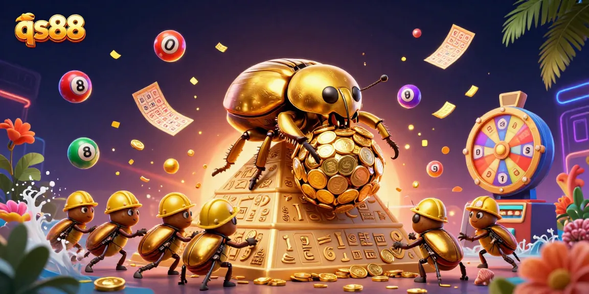 Experience qs88 action with golden coins and vibrant lottery balls in dynamic gambling illustration.