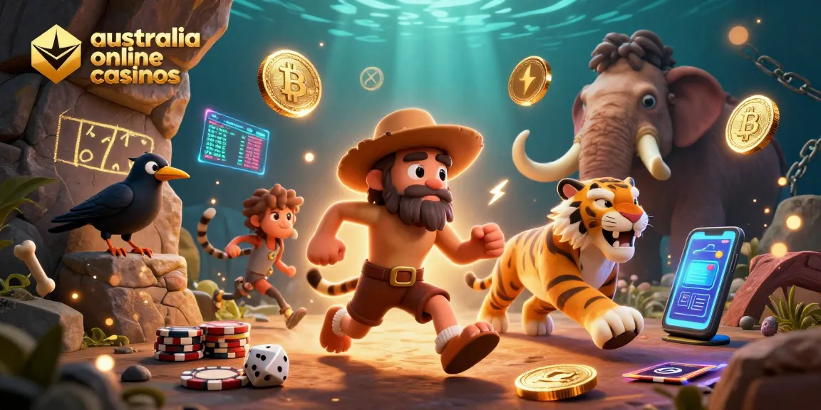 Experience excitement at australia online casinos with a cartoon caveman, saber-tooth tiger, and crow in a prehistoric casino scene.