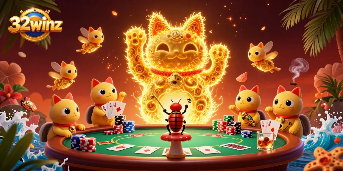 Engage with 32winz in a vibrant casino scene featuring a lucky cat and poker elements.