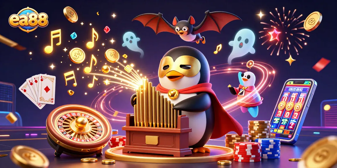 ea88 penguin plays an organ shooting coins, lively casino elements surround the scene
