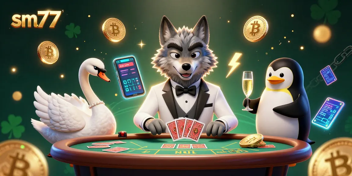 Engage with sm77 in a lively gambling scene featuring a debonair wolf, elegant swan, and a penguin sommelier.