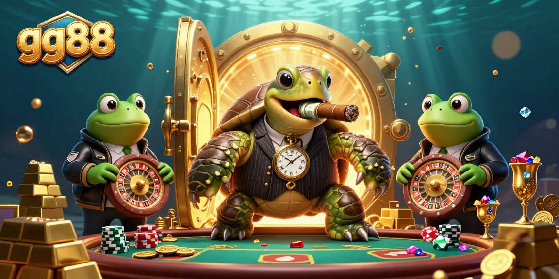 Engage with the thrilling atmosphere of gg88's casino scene featuring a charismatic snapping turtle in a mobster suit among glittering treasures.