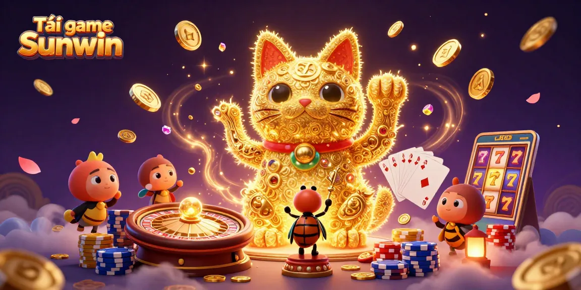 Tải game Sunwin with a vibrant illustration of a lucky cat and casino symbols, showcasing gold coins and cards.
