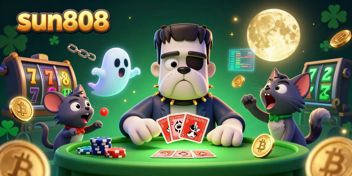 Engage with the exciting world of sun808 as the Frankenstein bulldog deals cards amidst glowing crypto coins.