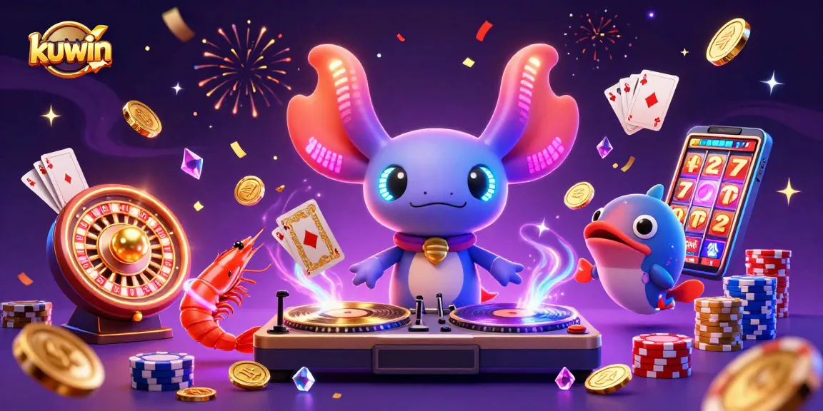 Kuwin offers a vibrant casino atmosphere featuring a neon axolotl DJ spinning winnings with colorful game elements.