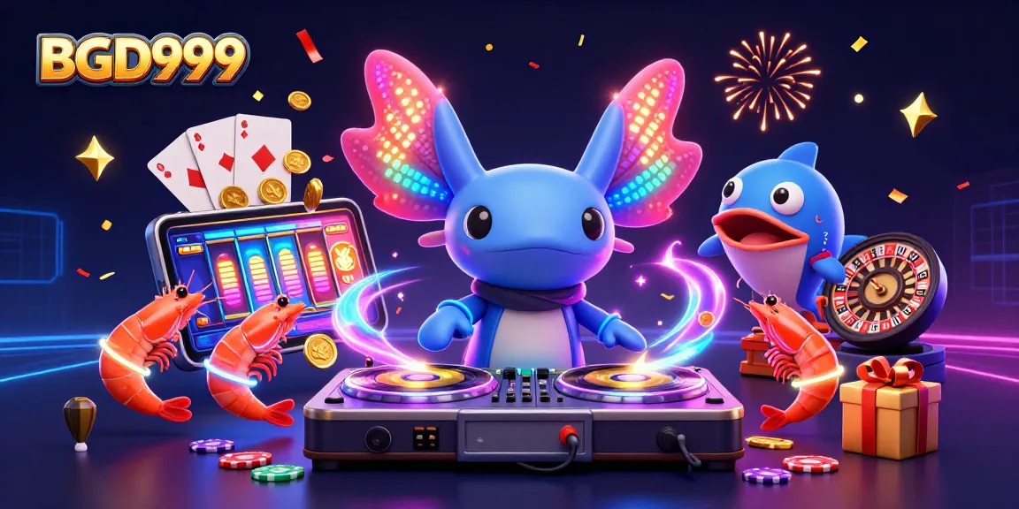 Engage with BGD999 casino entertainment as a vibrant axolotl DJ spins records amidst colorful games.