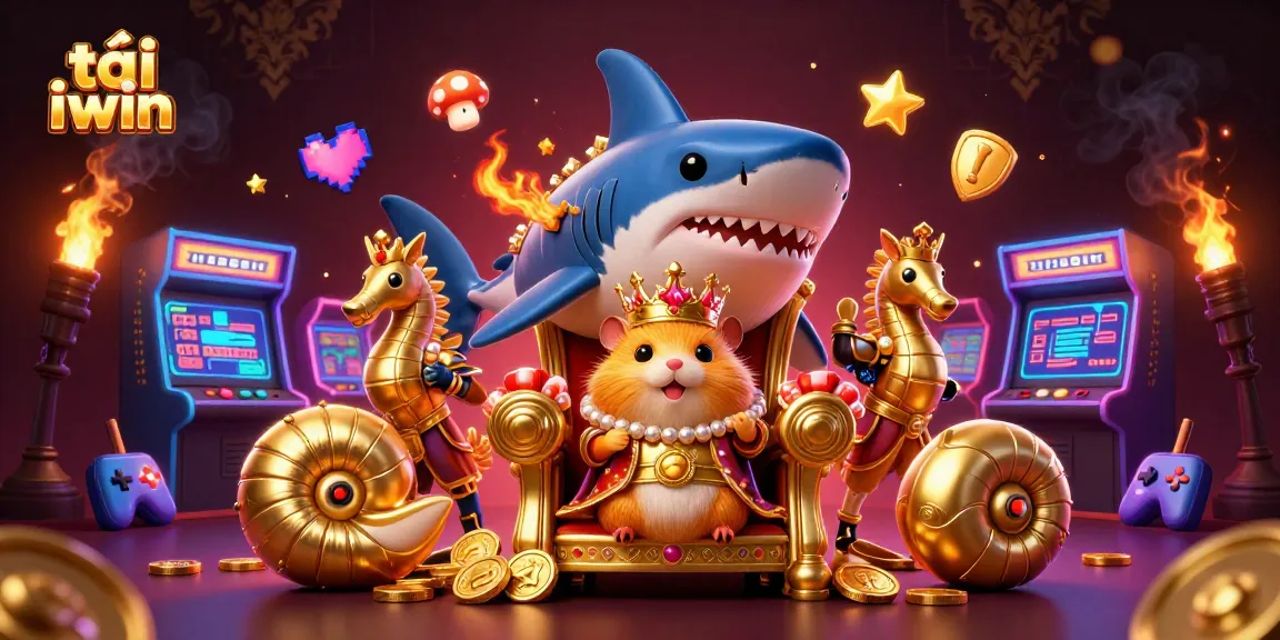 Engage in fun gameplay while tải iwin with vibrant arcade elements surrounding a golden hamster king.