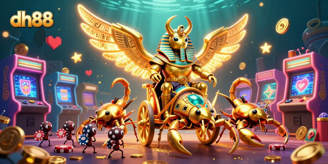Engage with thrilling bets at dh88 as a colossal scarab drives a chariot amid vibrant casino elements.