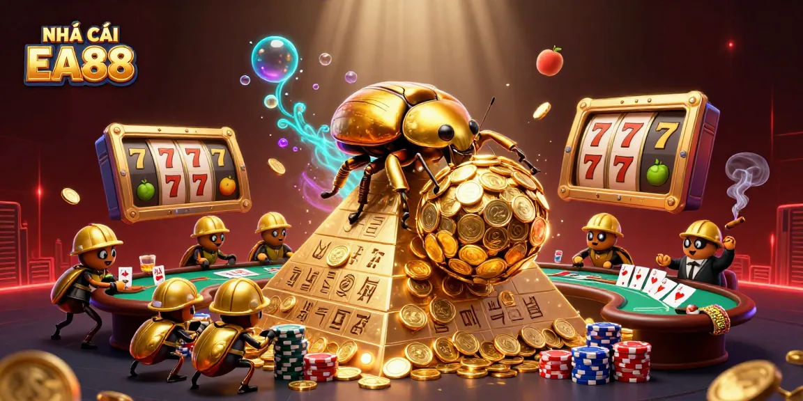 Engage with NHÀ CÁI EA88 featuring a golden beetle amidst vibrant casino elements in a thrilling illustration.