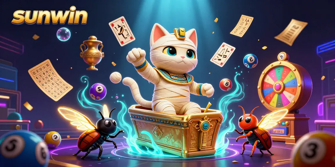 Engage with sunwin's thrilling gaming atmosphere, featuring a lively mummy cat and vibrant lottery elements.