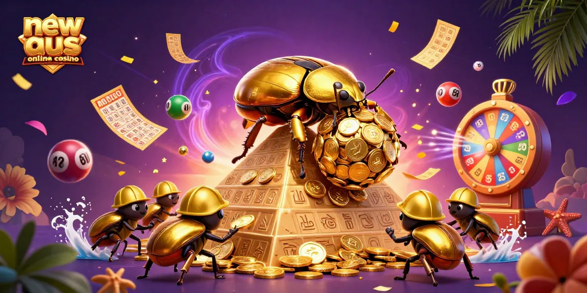 Spin the reels at a new aus online casino illustrated by a golden beetle rolling coins.