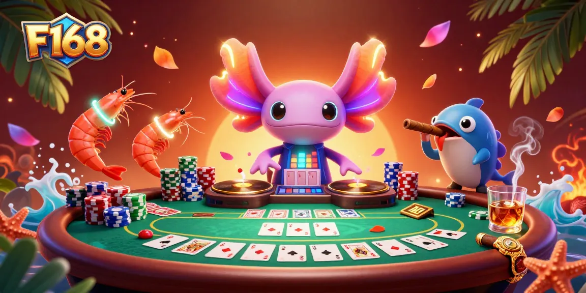 Experience the vibrant atmosphere of F168 with a neon axolotl DJ leading a lively poker scene.
