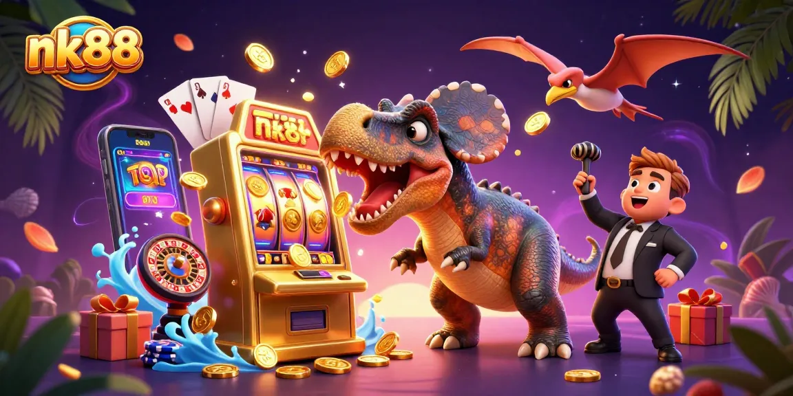 Join the fun at nk88 as a pachycephalosaurus triggers a jackpot, coins fly everywhere!