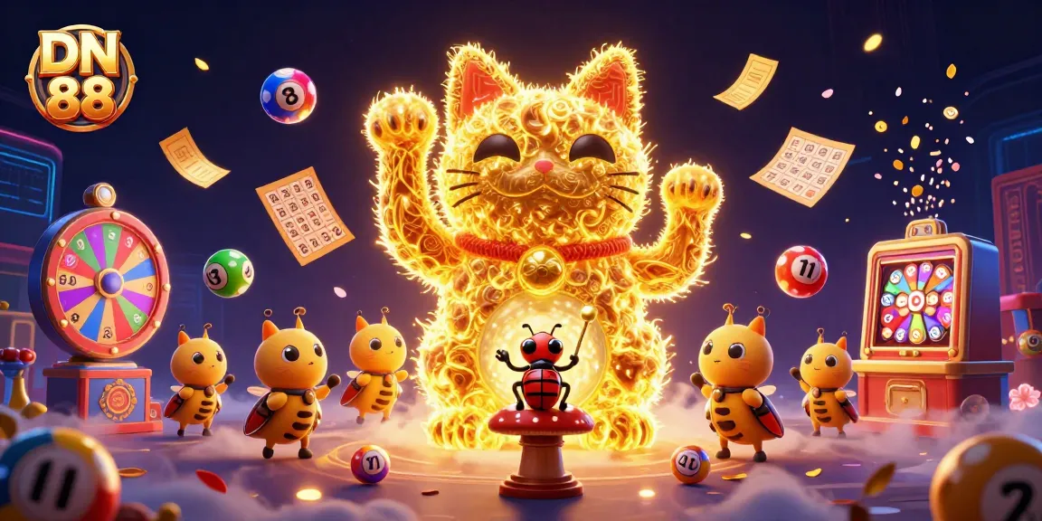 Enjoy immersive gaming with DN 88's lucky cat and vibrant lottery elements in a dynamic casino scene.
