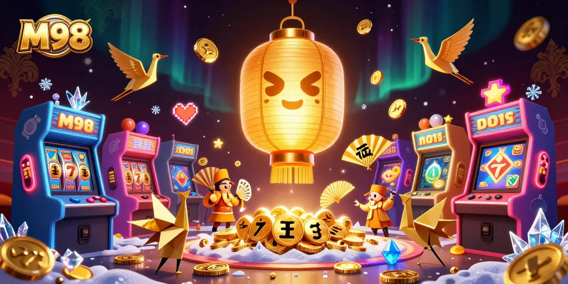 M98 showcases an enchanting casino scene with a glowing lantern spirit and vibrant game elements for players.